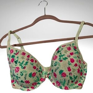 Victorias Secret 34 DD Bra Mint Green Floral Print T Shirt Lightly Lined Demi